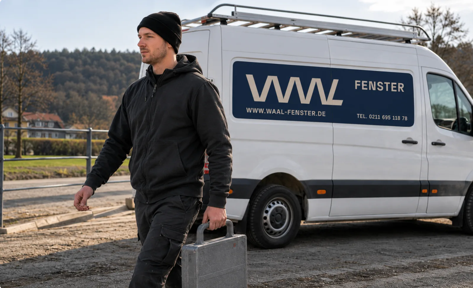 Fenstermontage in Düsseldorf Benrath: Monteur vor dem Firmentransporter
